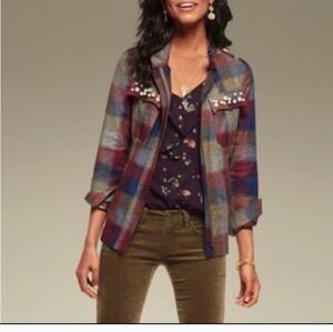 Cani Plaid Multicolor Women's Jacket With Pearls Size Small